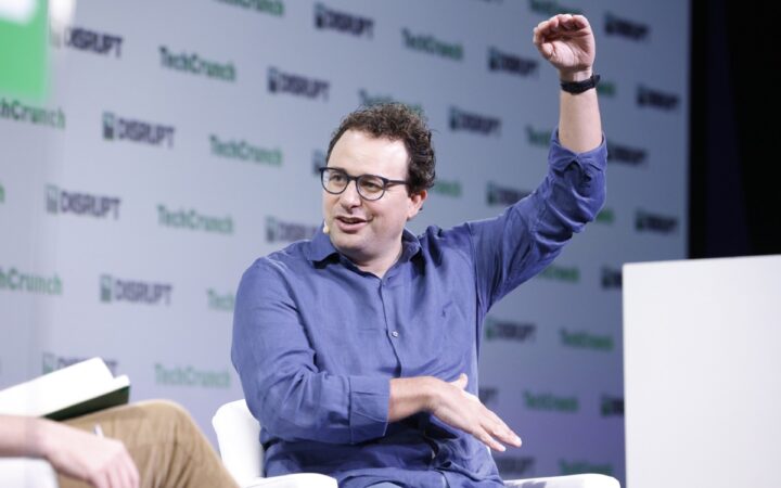 Anthropic CEO Dario Amodei speaking at TechCrunch Disrupt in September 2023