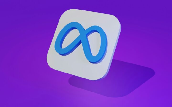 Blue Meta infinity logo on a white tile against a purple background, a 3D illustration by Muhammad Asyfaul