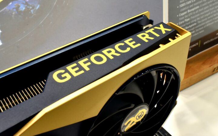 Gold-and-black GeForce RTX graphics card, illustrating NVIDIA hardware used in local computing