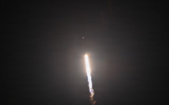 A SpaceX Falcon 9 rocket climbs above Vandenberg during the Transporter-16 mission on March 30, 2026