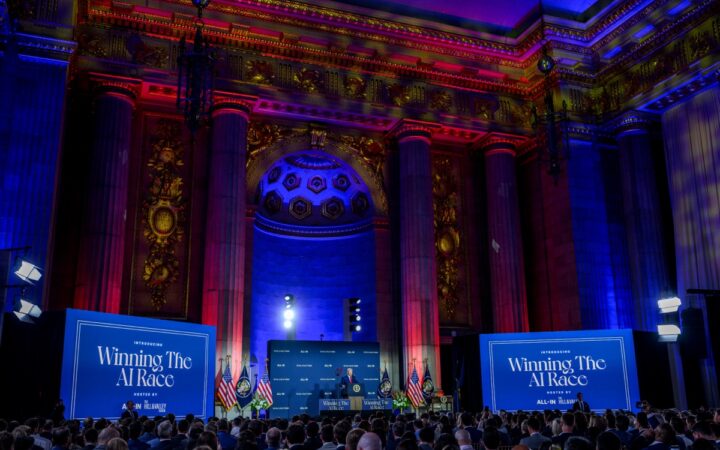 Donald Trump addresses the White House AI Summit at Andrew W. Mellon Auditorium in Washington on July 23, 2025