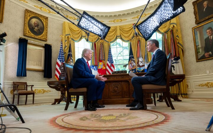 Donald Trump speaks with ABC News journalist Terry Moran in the Oval Office on April 29, 2025
